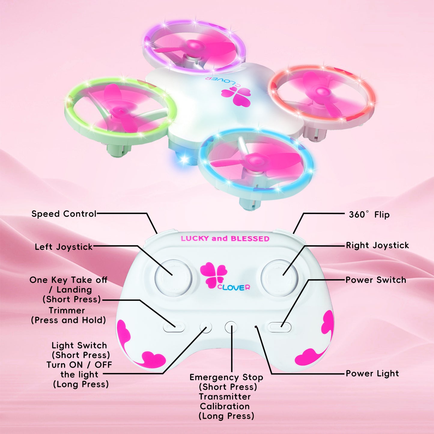 Clover Mini Drone for Kids β Beginner-Friendly LED Quadcopter with Dual Modular Batteries, Easy to Fly, Altitude Hold, One-Key Takeoff, 360 Flips β Gift for Boys & Girls Age 6+