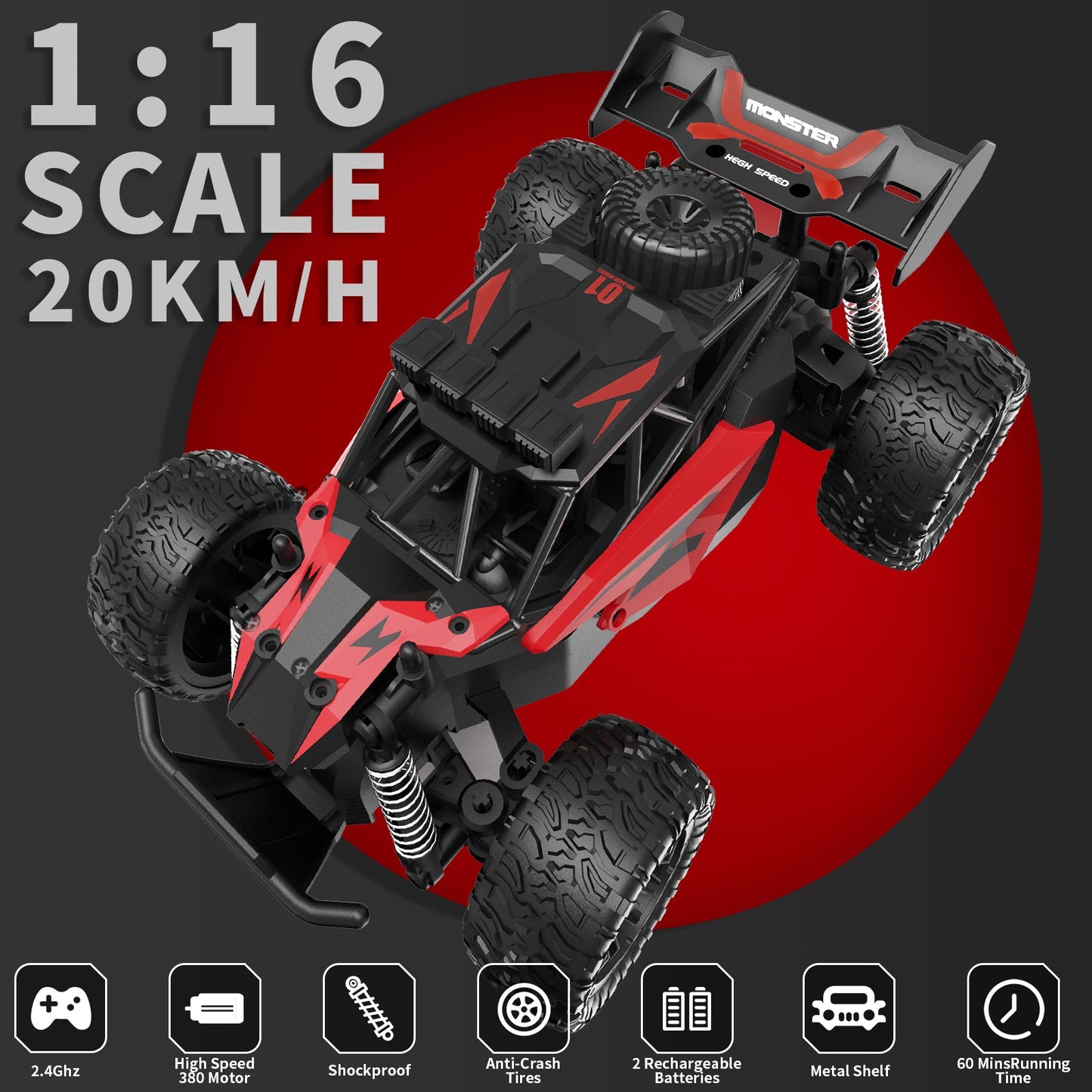 1:12 Scale RC Monster Truck, 2.4GHz 33KM/H High Speed Remote Control Car - Carox
