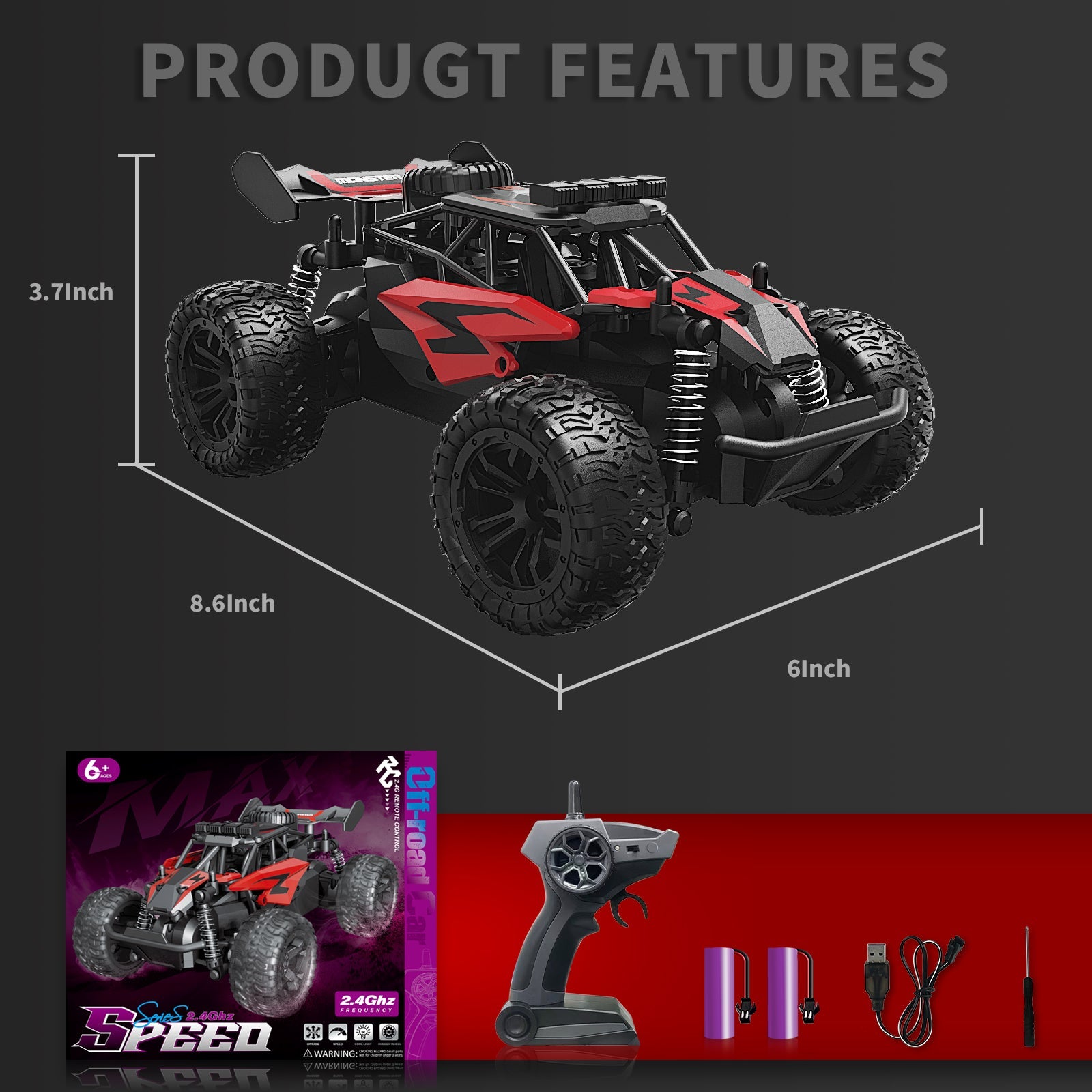 1:12 Scale RC Monster Truck, 2.4GHz 33KM/H High Speed Remote Control Car - Carox