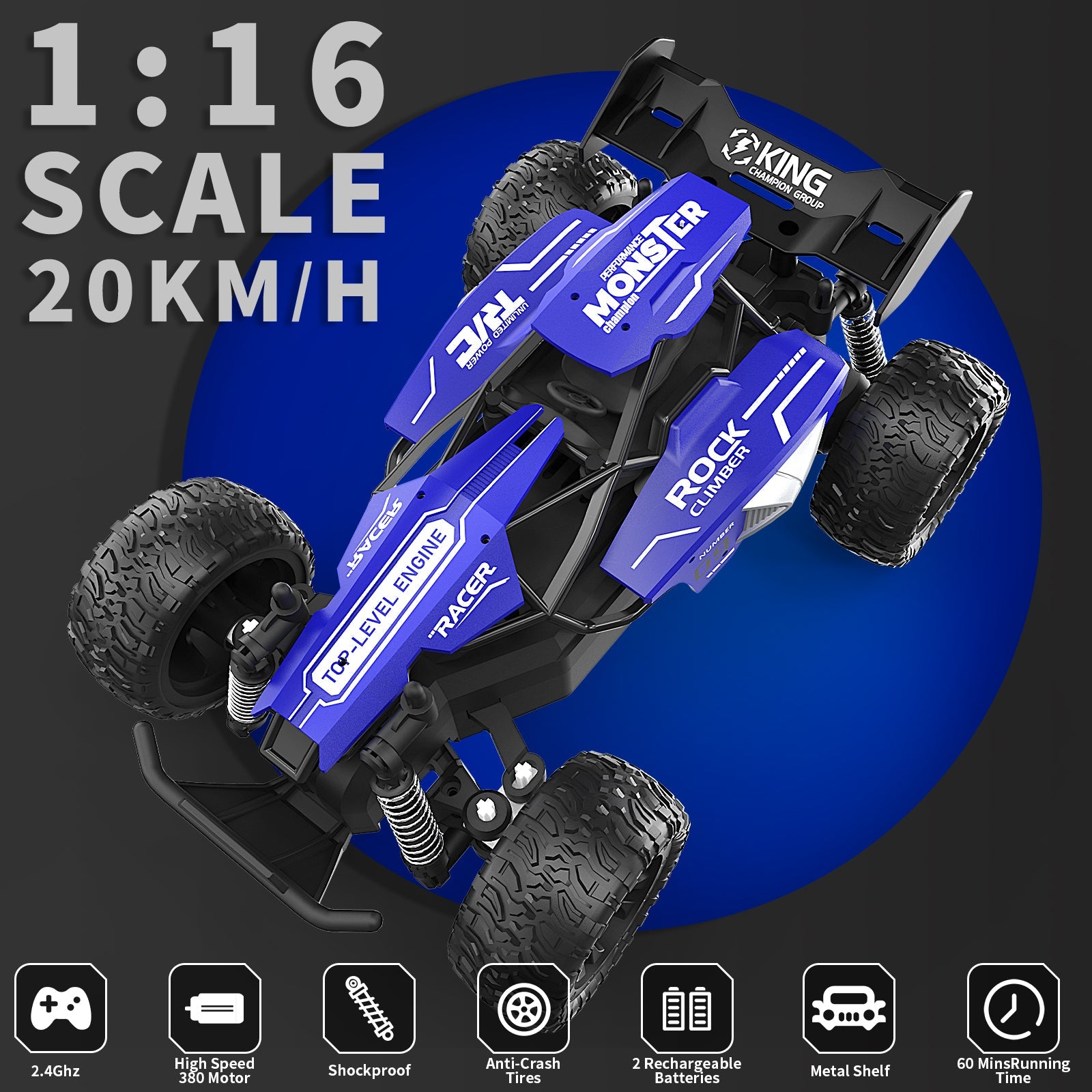 1:16 Scale RC Car for Kids, 2.4GHz High - Speed Electric Monster Truck - Carox