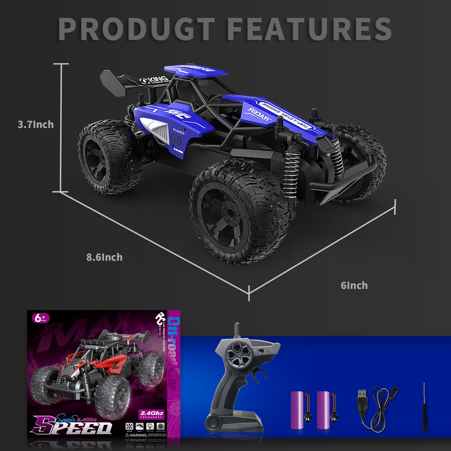 1:16 Scale RC Car for Kids, 2.4GHz High - Speed Electric Monster Truck - Carox