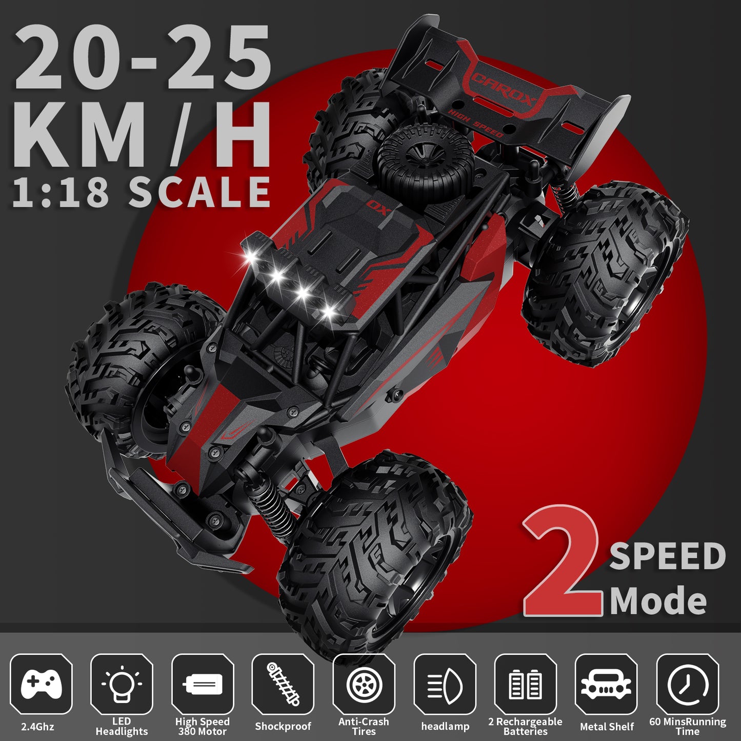 25KM/H High Speed RC Car, 1:18 Off-Road Monster Truck