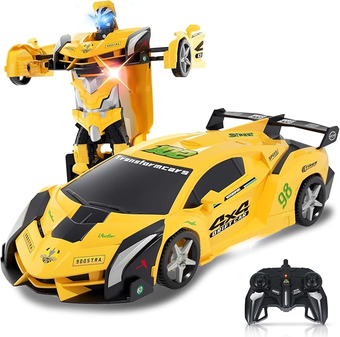 Transform Remote Control Car - Transform Robot RC Cars, 2.4Ghz Transforming Police Car Toy with LED Light & DIY Stickers