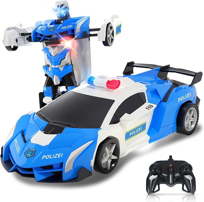 Transform Remote Control Car - Transform Robot RC Cars, 2.4Ghz Transforming Police Car Toy with LED Light & DIY Stickers