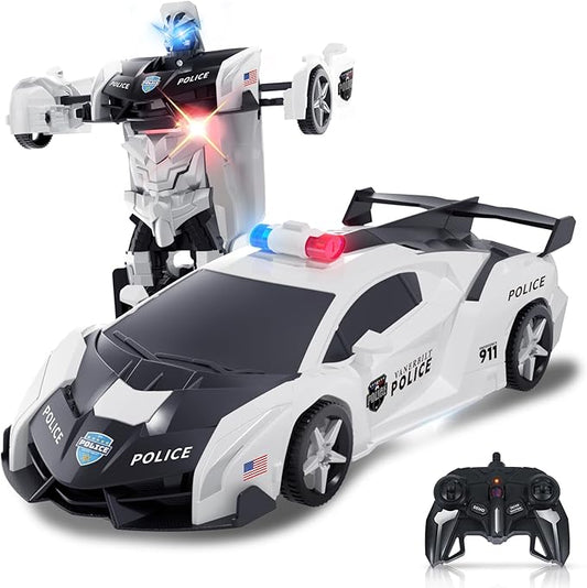 Transform Remote Control Car - Transform Robot RC Cars, 2.4Ghz Transforming Police Car Toy with LED Light & DIY Stickers