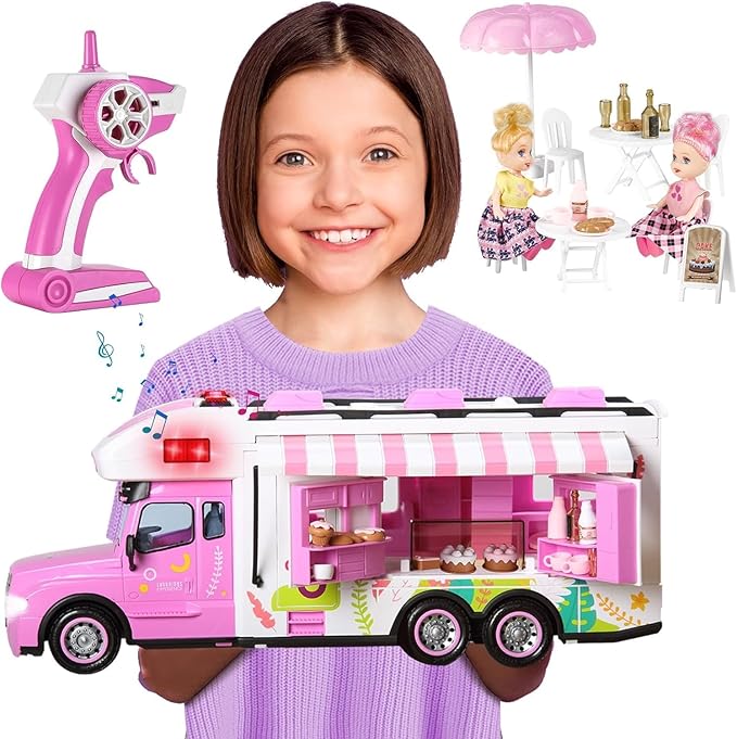 Remote Control Car for Girls Food Truck Toy Playset,Pink Remote Control Food Truck with Food Set