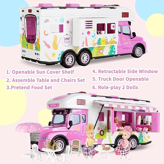 Remote Control Car for Girls Food Truck Toy Playset,Pink Remote Control Food Truck with Food Set