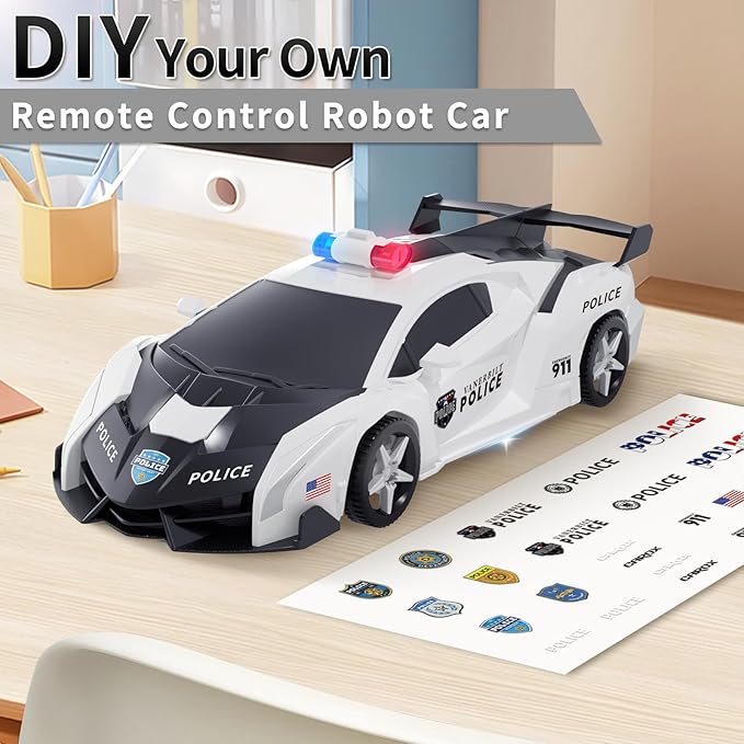 Transform Remote Control Car - Transform Robot RC Cars, 2.4Ghz Transforming Police Car Toy with LED Light & DIY Stickers