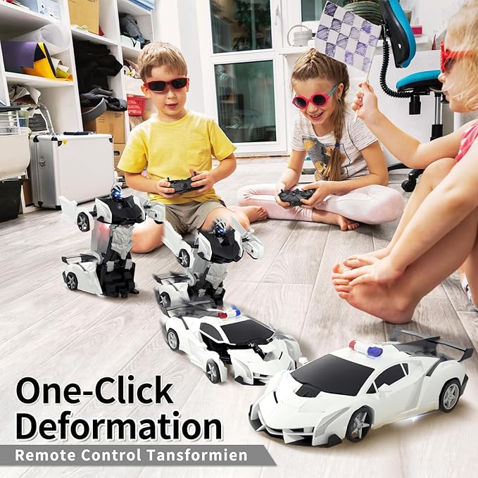 Transform Remote Control Car - Transform Robot RC Cars, 2.4Ghz Transforming Police Car Toy with LED Light & DIY Stickers