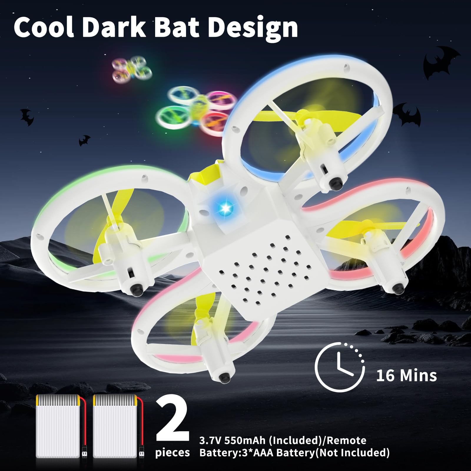 Bat Drone - Drones for Kids - Easy to Use RC Quadcopte, Altitude Hold, Headless Mode - Carox