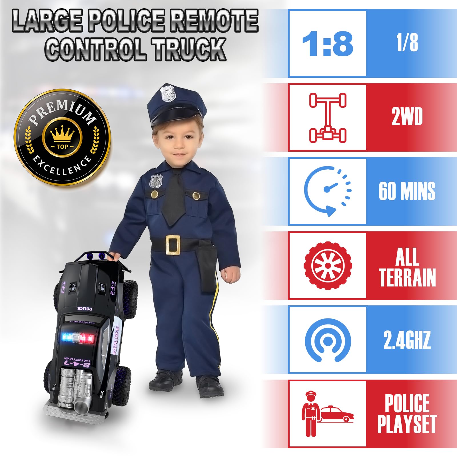 Carox Large Remote Control Police Car Toy with Lights and Sirens - Carox