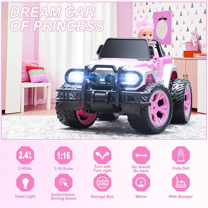 Carox Remote Control Car for Girls, 160 mins Pink RC Car Ages 4 - 12 Years Girls - Carox