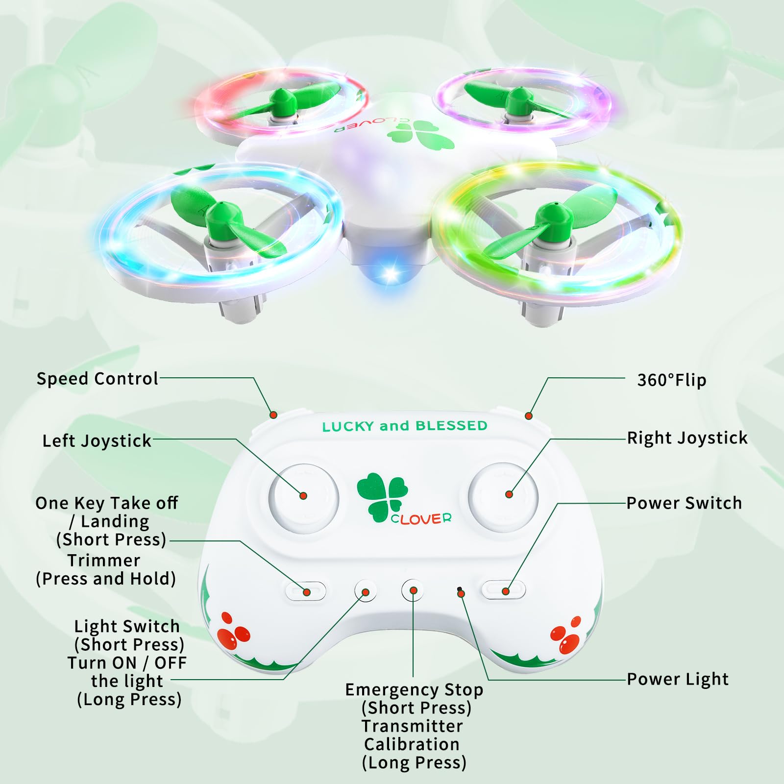 Clover Mini Drone for Kids – Beginner - Friendly LED Quadcopte - Carox