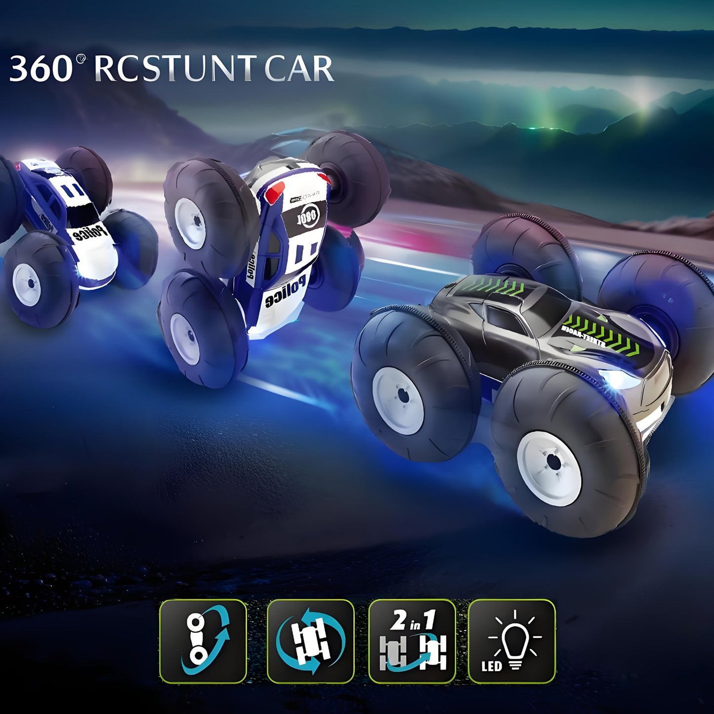 Rc Stunt Car For Kids, 360°Rotating 4WD Double Sided And Flips RC Cars With Lights - Carox