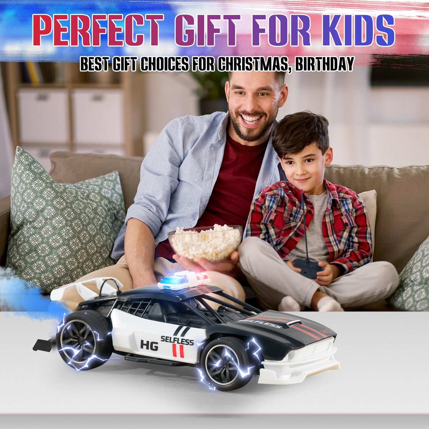 Remote Control Police Car with Realistic Smoke & Spray, 2.4GHz RC Stunt Car for Kids - Carox