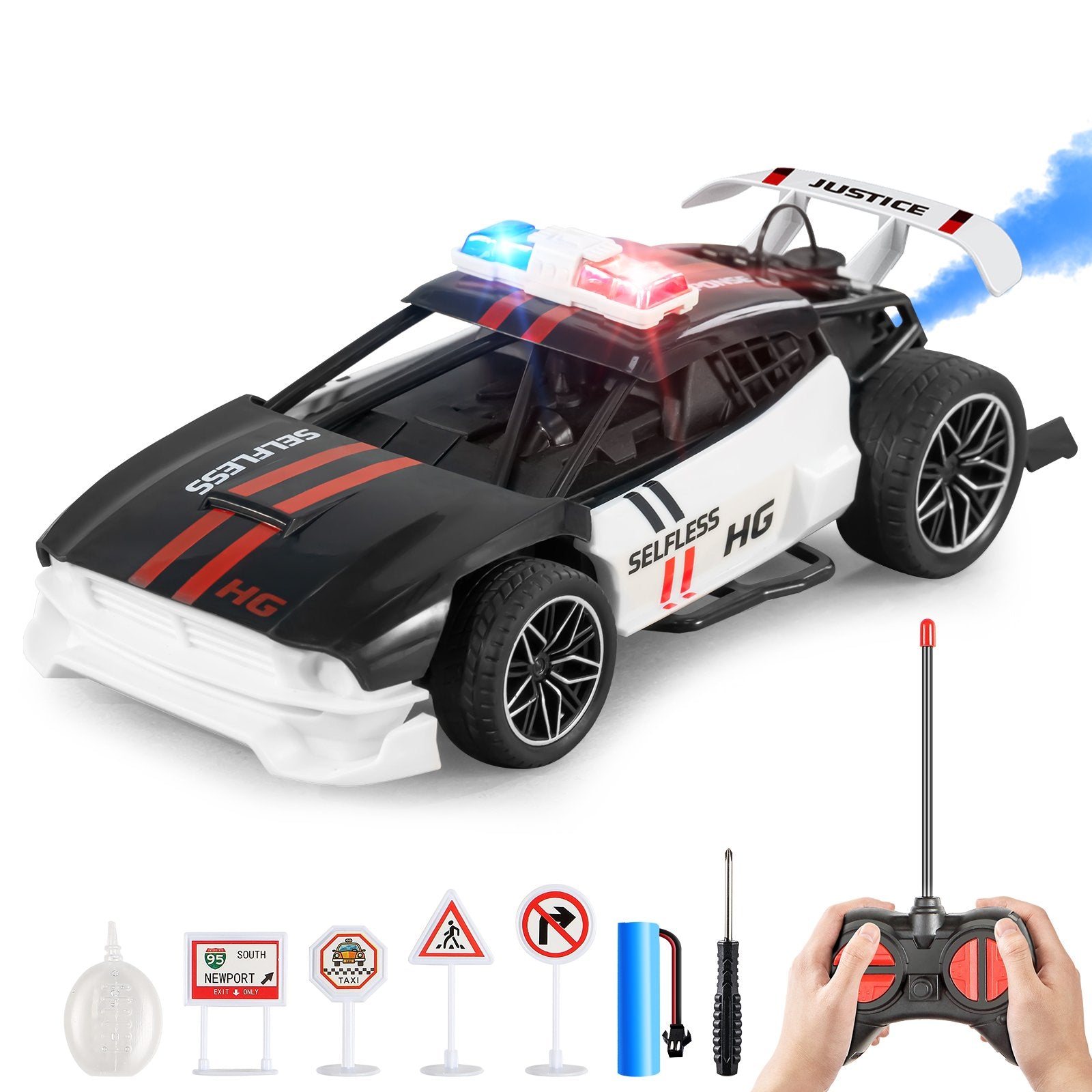 Remote Control Police Car with Realistic Smoke & Spray, 2.4GHz RC Stunt Car for Kids - Carox